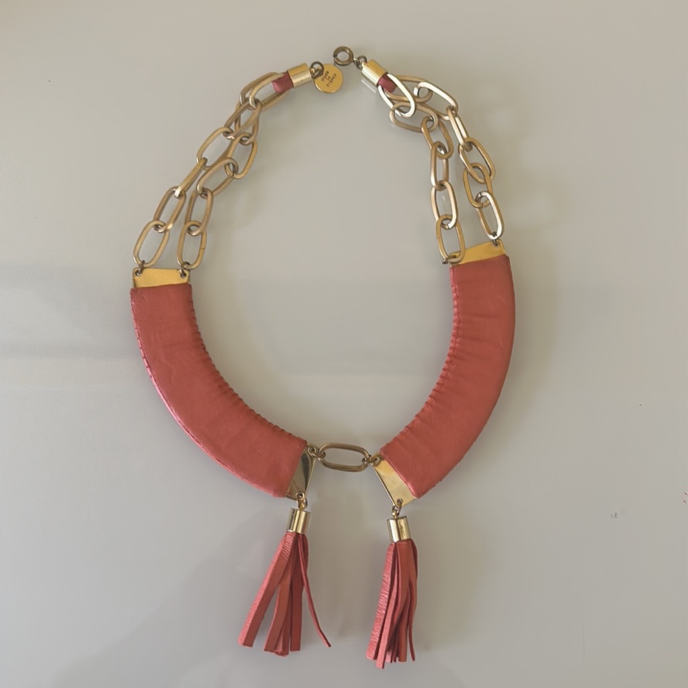 Anthropologie Wing Paris orange leather tassels & brass necklace. Made in France - Picture 12 of 12